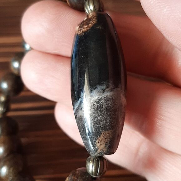 Bronzite & Fossil Coral Beaded Stretch Bracelet - Picture 4 of 5